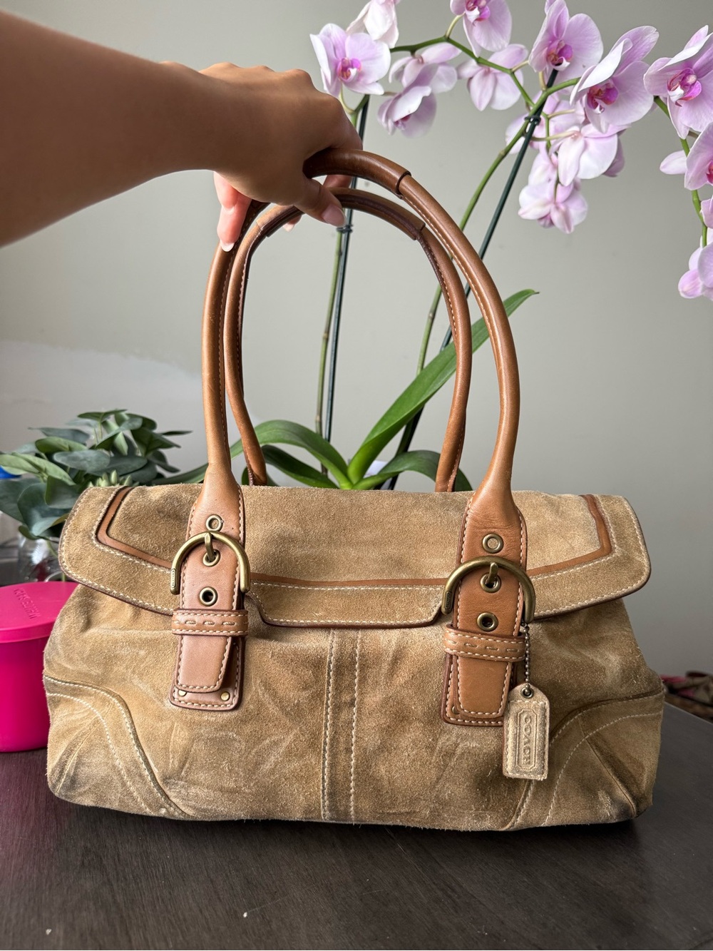 Coach Tan Suede and Leather Top-Handle Satchel Bag